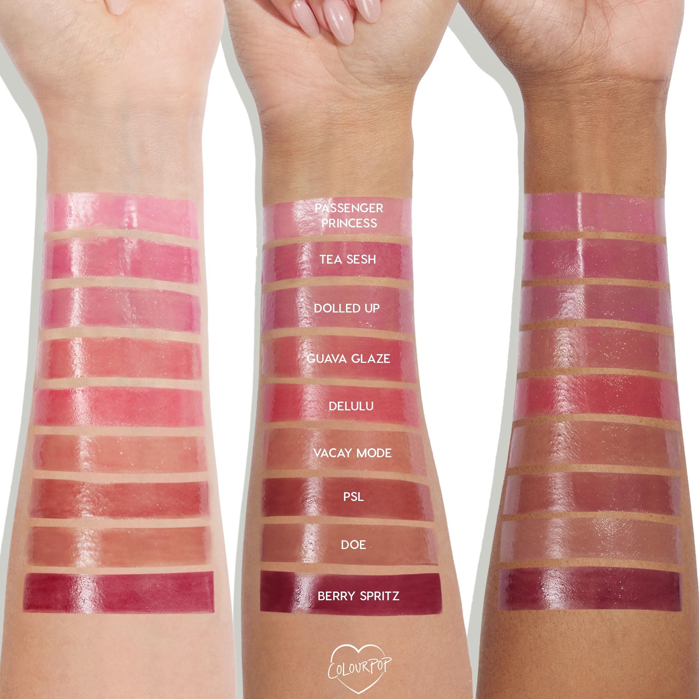 ColourPop PSL So Juicy Plumping Gloss Balm with Peptides swatched as a glossy warm caramel-nude stripe on three forearms, shown with the full So Juicy lineup to highlight plumping shine and shade comparison across skin tones.