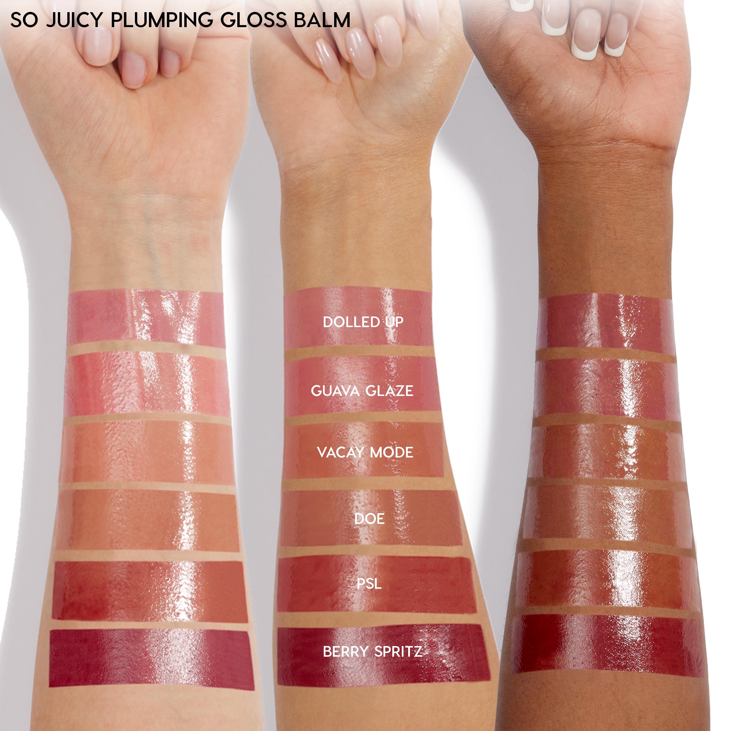 Glossy swatches of Glazed Pout from the ColourPop So Juicy Plumping Lip Liner & Balm Set glide across three forearms, showing shades Dolled Up, Guava Glaze, Vacay Mode, Doe, PSL, and Berry Spritz on light to deep skin tones against a white backdrop.