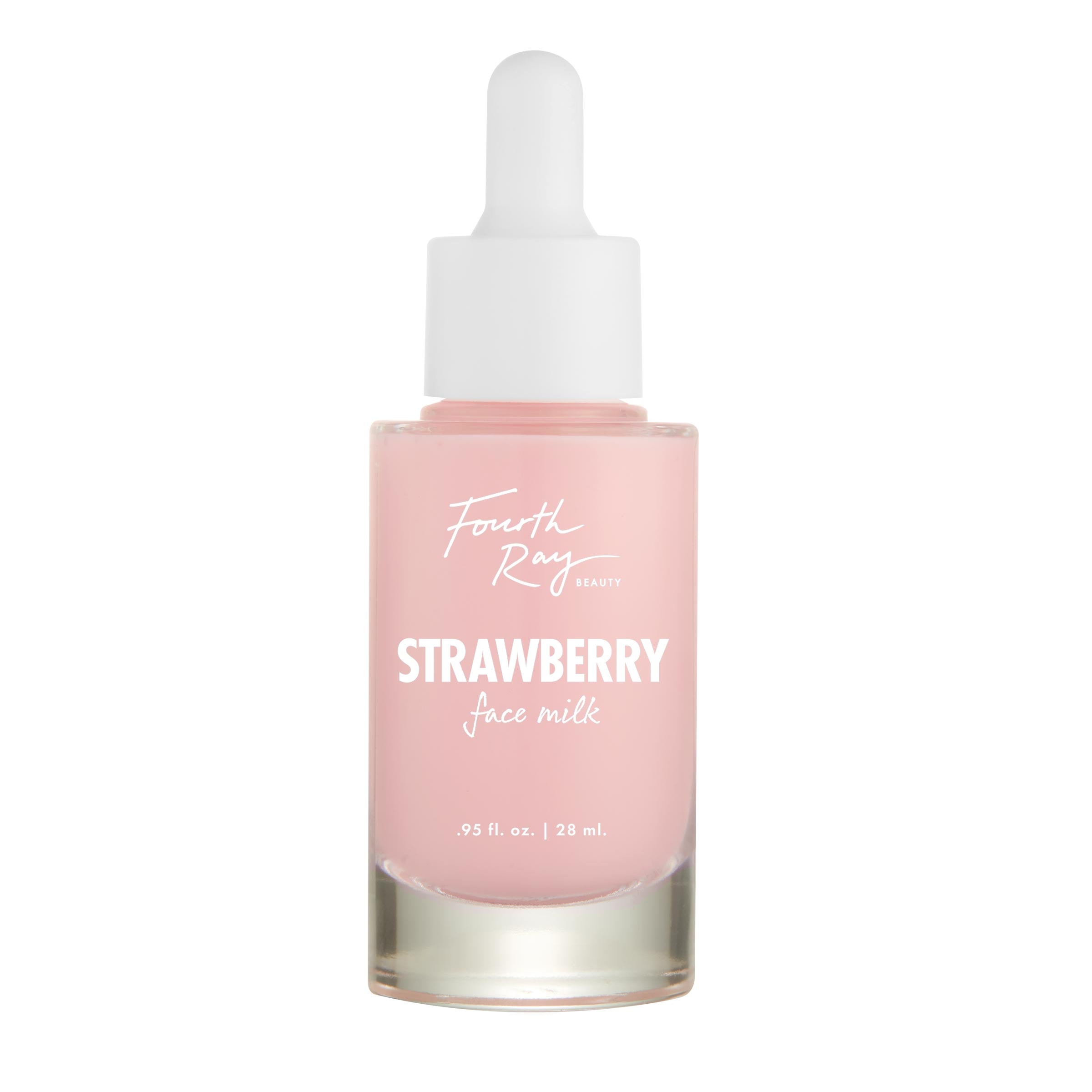 Glass dropper bottle of pink serum labeled 'Fourth Ray Beauty Strawberry face milk' 0.95 fl oz (28 ml), standing upright on a white background; ColourPop Face Milk skincare product.