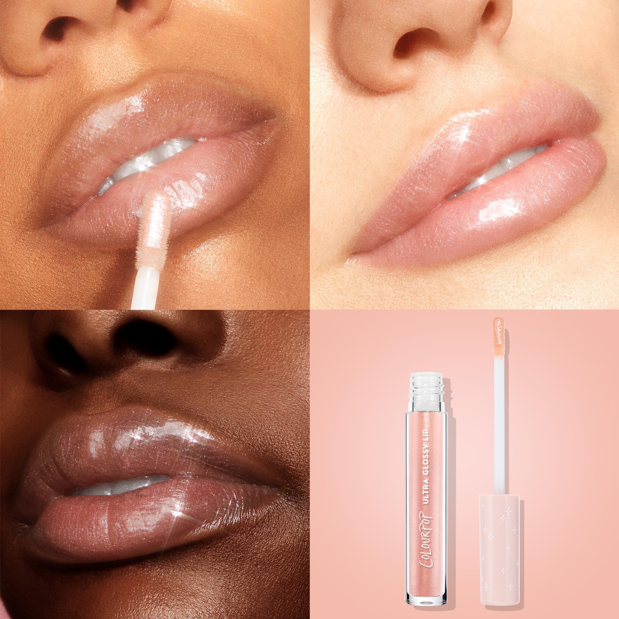 ColourPop Ultra Glossy Lip Sugar Cookie coating lips with a sheer pink, high-shine shimmer; doe-foot applicator glides on in a four-panel grid showing glossy results on multiple skin tones, with the open tube and wand on a soft pink background.