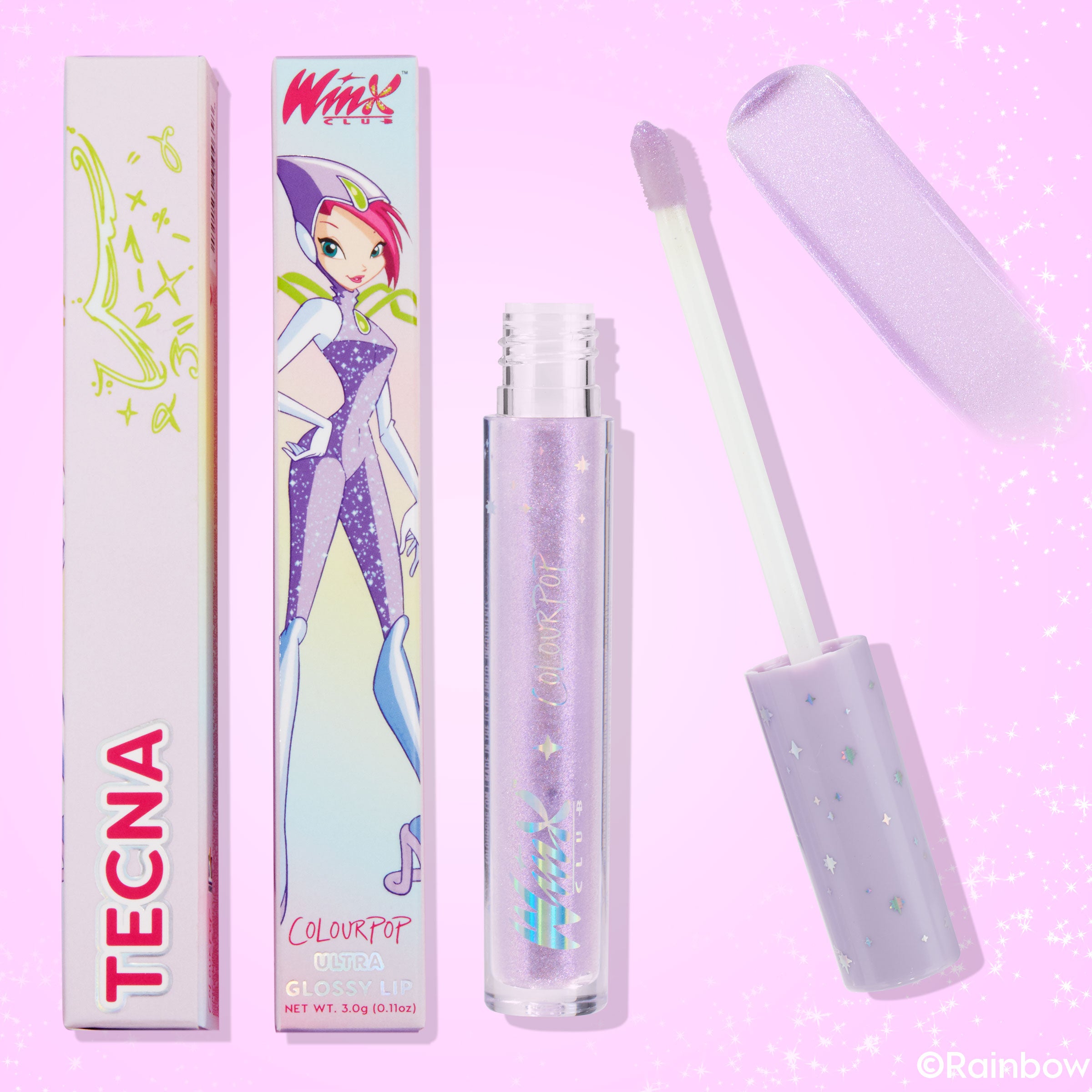 ColourPop Ultra Glossy Lip in Tecna swiped and open, showing a lavender iridescent glitter gloss with doe-foot applicator, starry lavender cap, and Winx Club Tecna box art on a pink sparkly background.