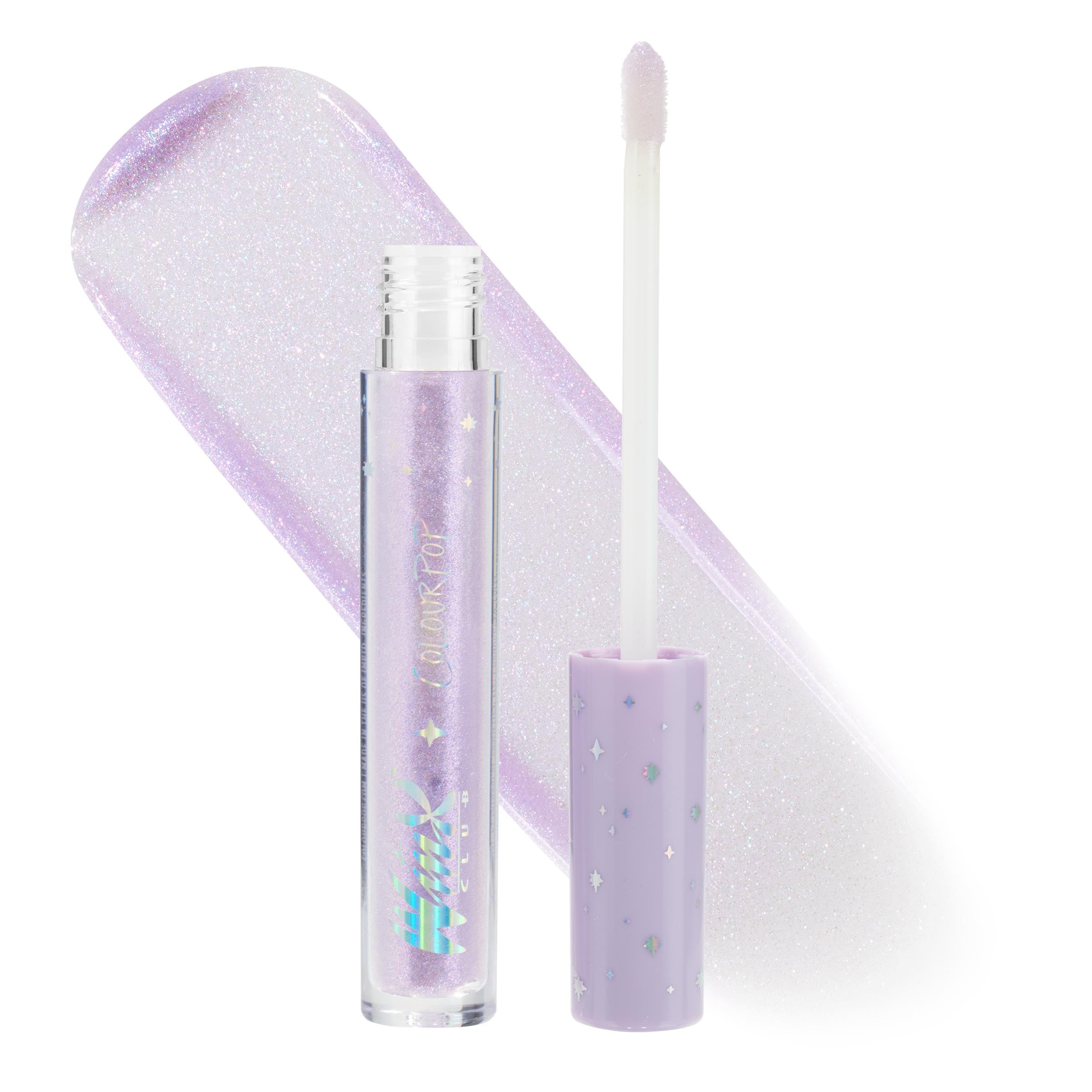 Tecna Ultra Glossy Lip by ColourPop shown uncapped, doe-foot applicator beside a clear tube of lavender iridescent glitter gloss with holographic logo and star-printed lilac cap, plus a shimmering swatch behind; ColourPop Ultra Glossy Lip.