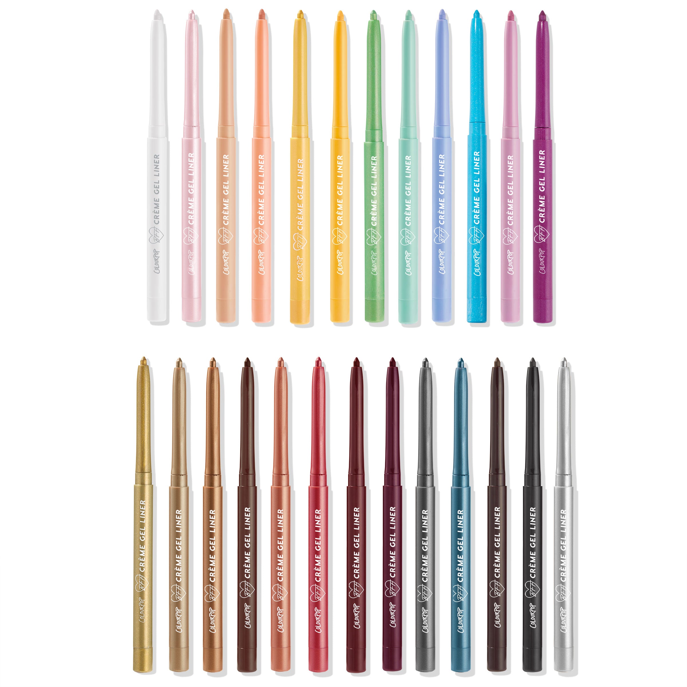 The Total Package ColourPop Crème Gel Liner set displays two rows of retractable eyeliners on a white background, showcasing a full spectrum of matte and metallic shades - from white and pastels to brights, jewel tones, black, gold, and silver.