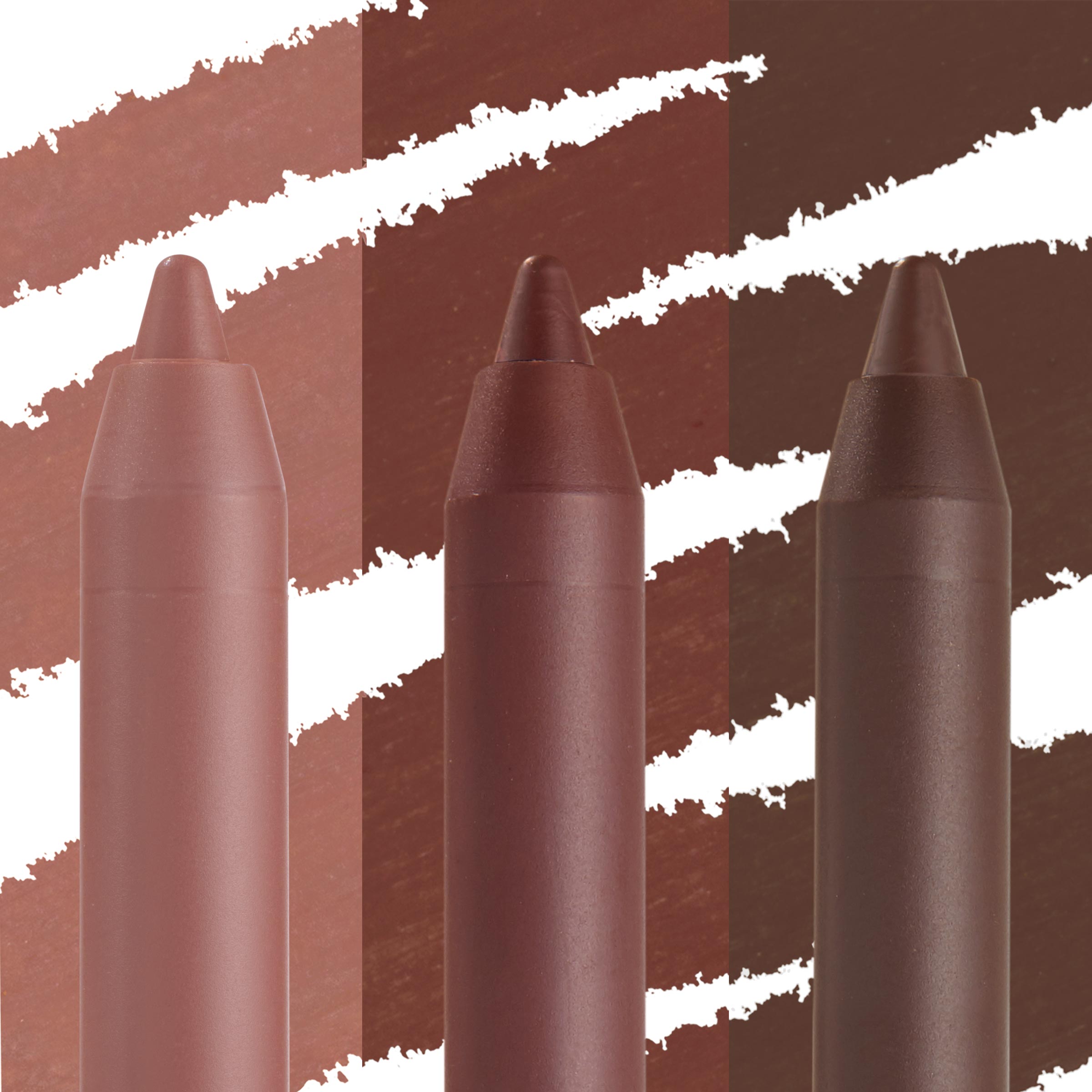 Triple Latte ColourPop Lippie Pencil trio stands upright, showcasing three creamy nude-to-mocha liners with bold swatch streaks behind, highlighting rich payoff and long-wear lip contour in a bundled set.