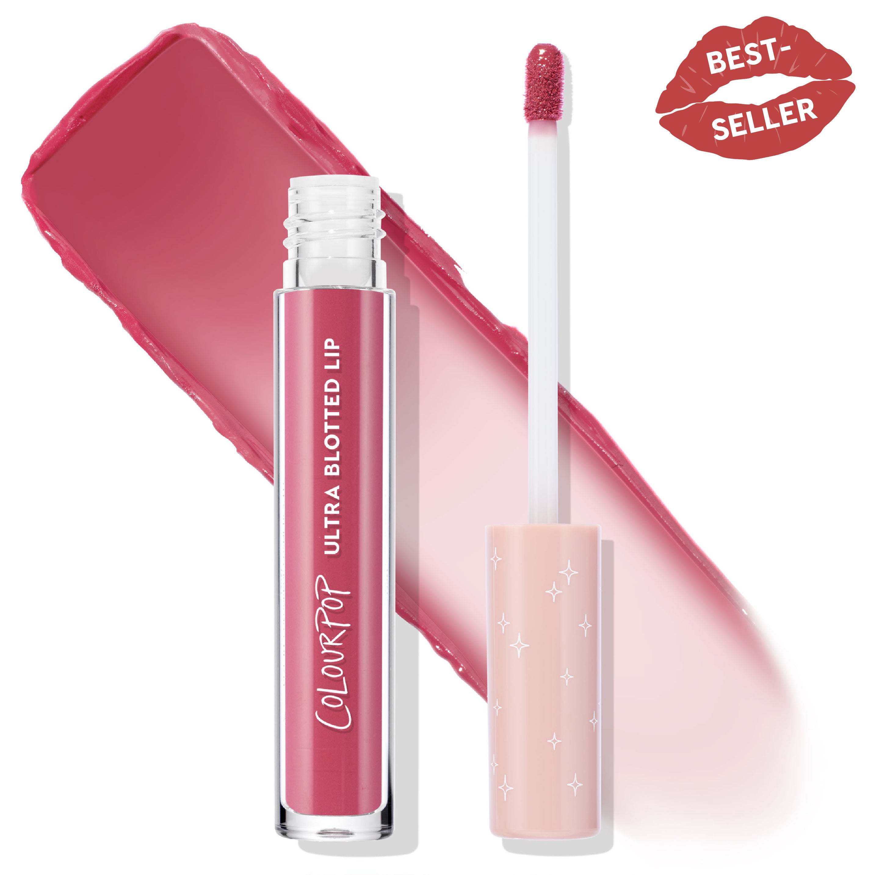 ColourPop Ultra Blotted Lip in Kitten, a rosy pink tint; clear tube with vertical logo and starry blush cap shows the doe-foot applicator coated in color, posed over a wide swipe swatch with a Best-Seller lip badge on a white background.