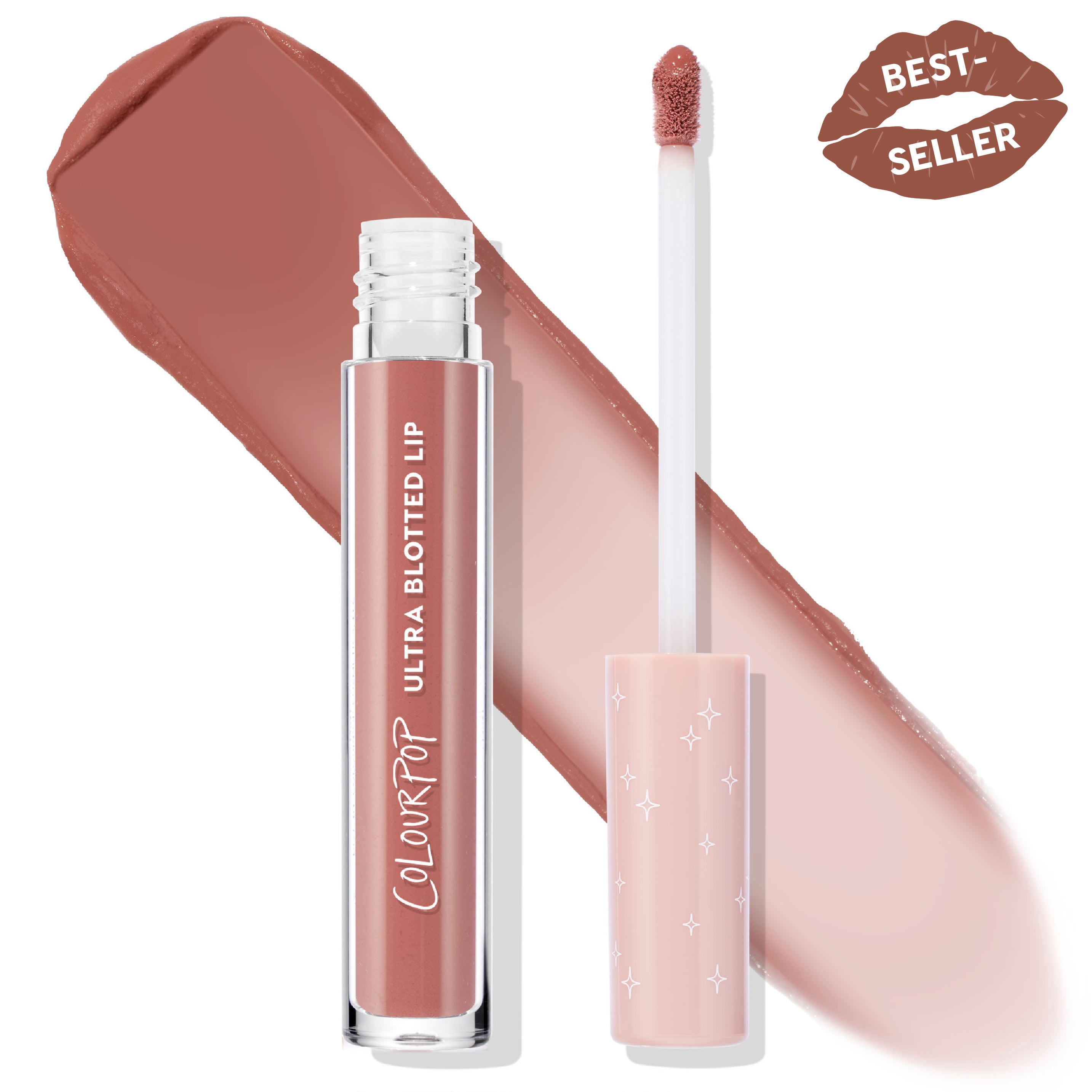 ColourPop Ultra Blotted Lip in Still an Icon shown open with doe-foot applicator, slim tube, and a rosy mauve blotted swatch behind; pink cap with white stars and a “Best Seller” lip badge on a white background.