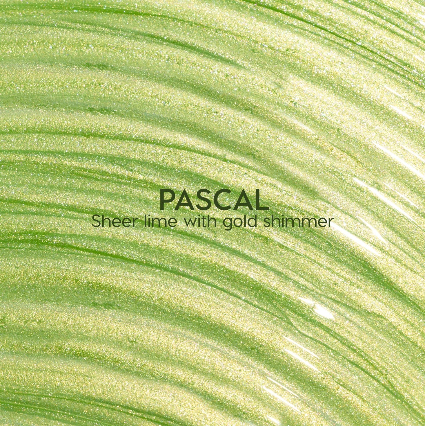 ColourPop Ultra Glossy Lip Pascal swatch glistens in sheer lime green with gold shimmer, glossy strokes sweeping across a close-up macro texture.