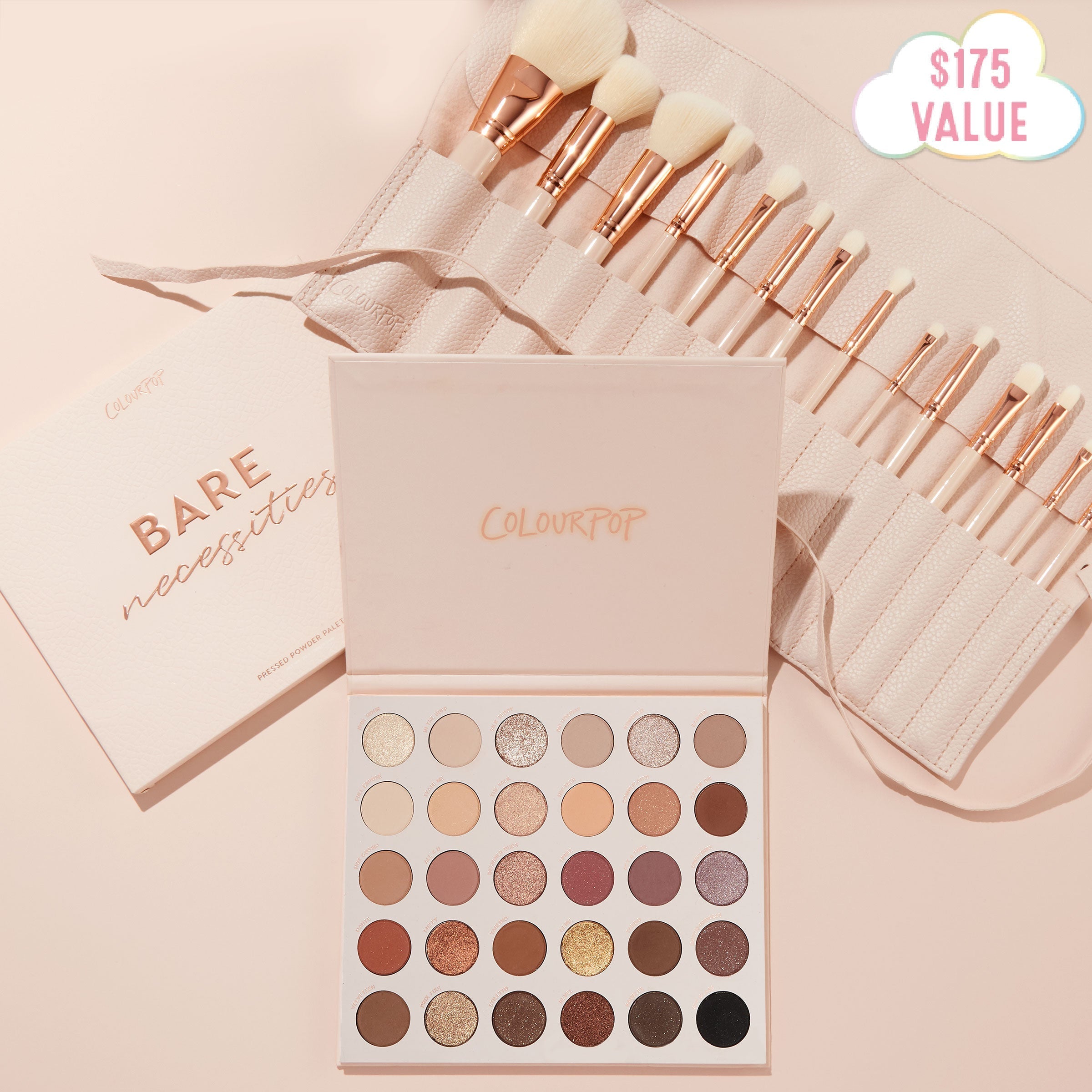 Doin’ the Most ColourPop Shadow Palette & Brush Set featuring the Bare Necessities 30‑pan neutral palette open with matte and shimmer nudes to deep browns, paired with a blush brush roll of white, rose‑gold brushes on a soft pink background with $175 value badge.