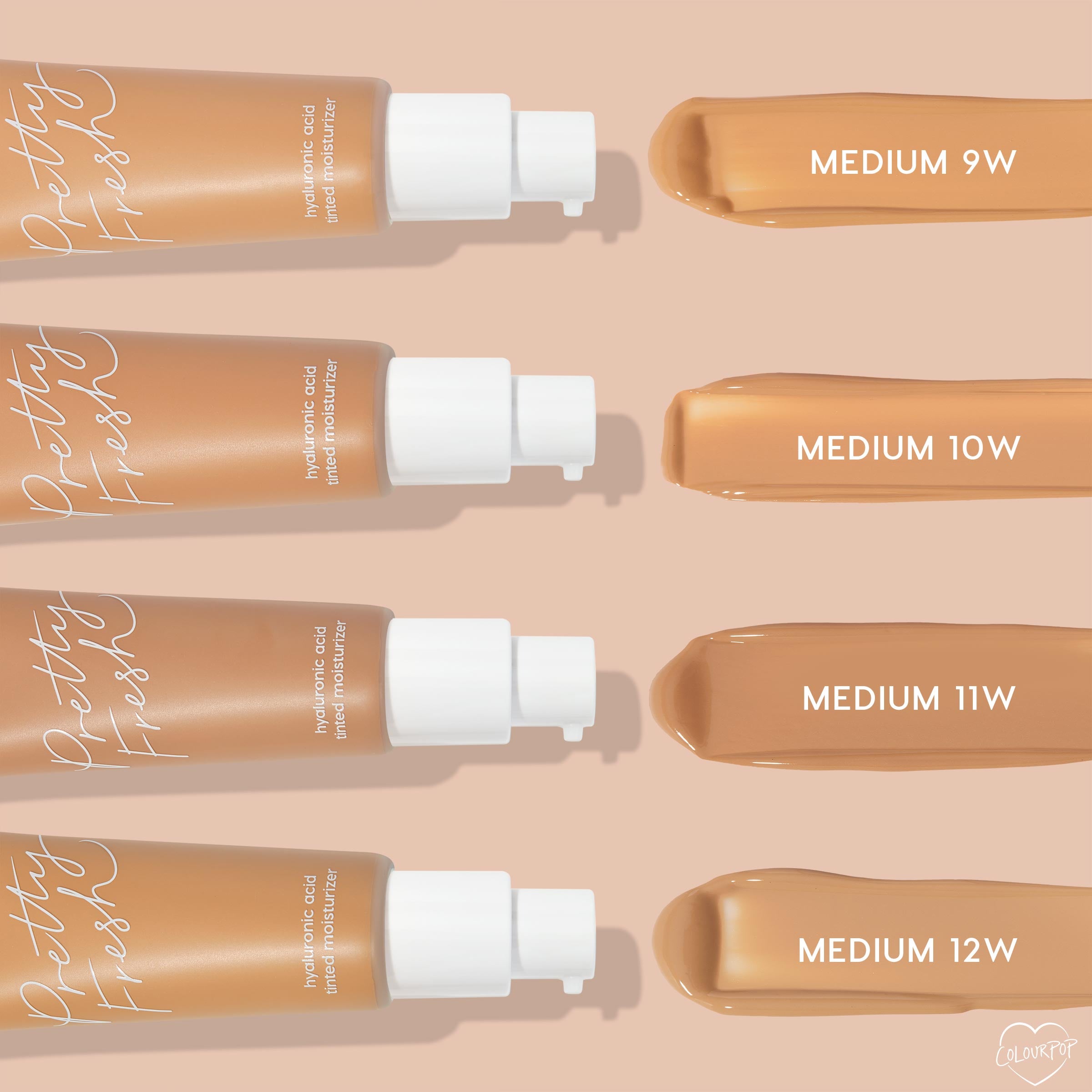 Medium 9W tube of ColourPop Pretty Fresh Tinted Moisturizer shown with warm medium swatches labeled Medium 9W, 10W, 11W, and 12W on a nude background, highlighting the hyaluronic acid tinted moisturizer shade range.