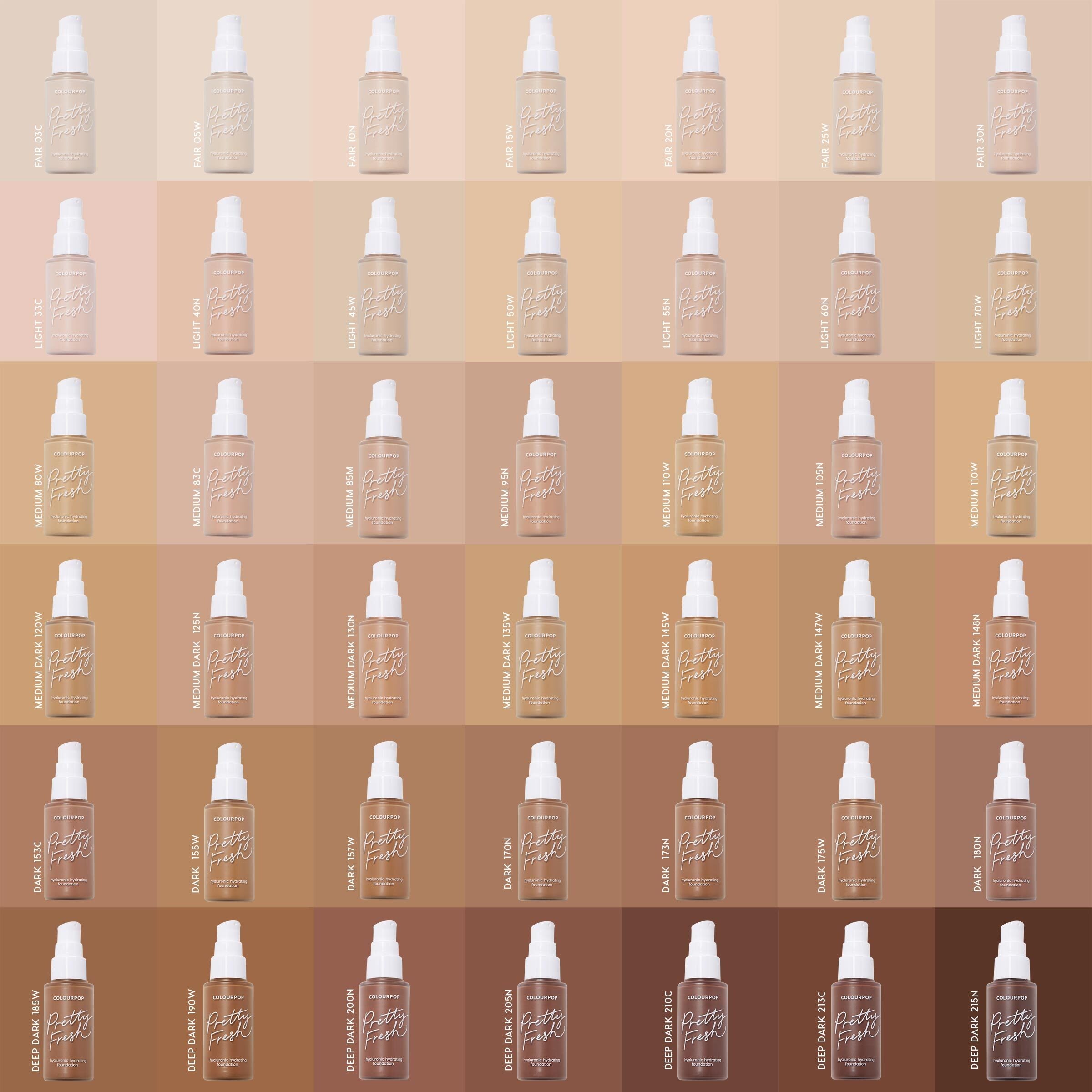ColourPop Hyaluronic Hydrating Foundation bottle, shade Fair 15 W (warm), stands with white pump and Pretty Fresh label, shown in a grid of shades from light to deep, spotlighting the fair warm tone for US shoppers.
