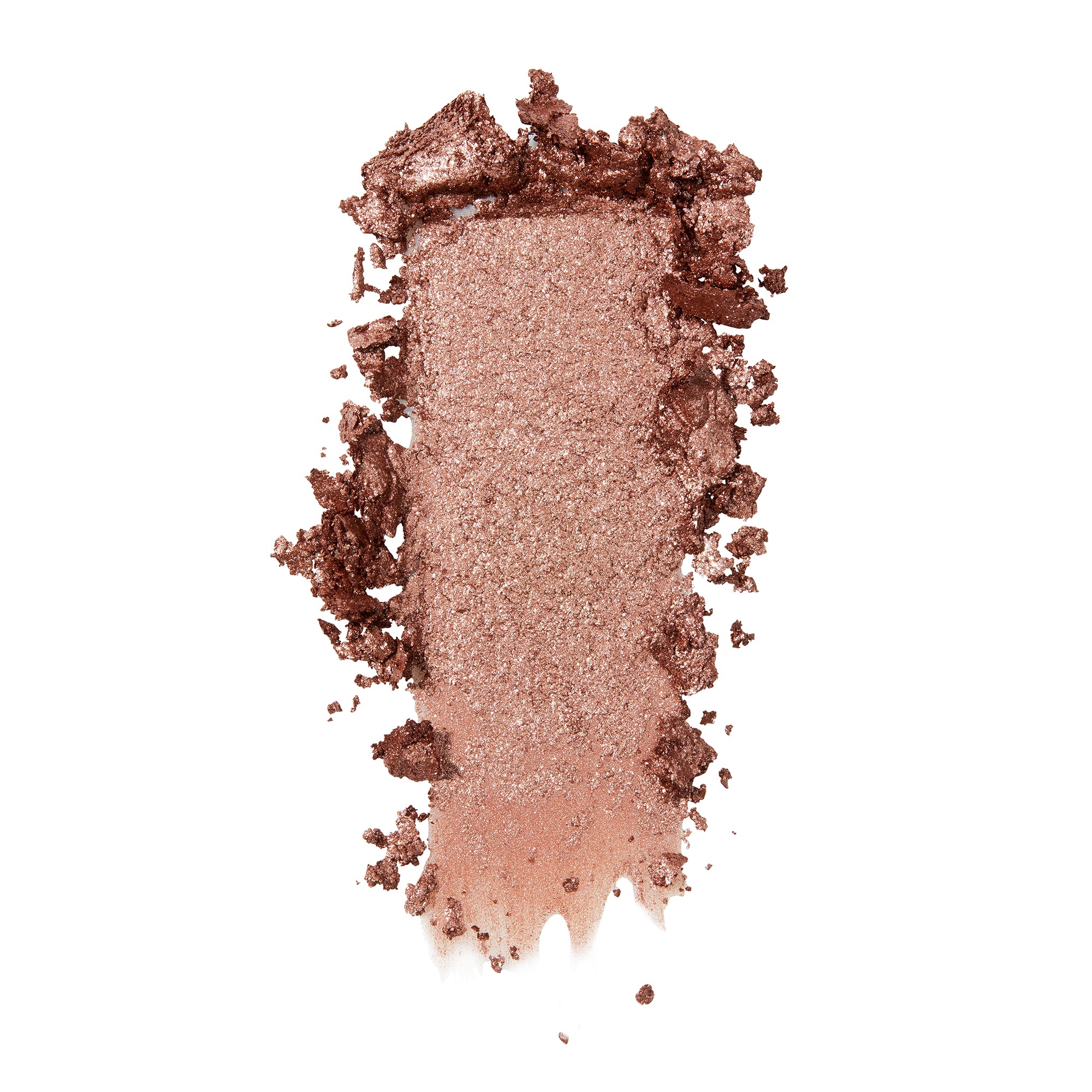 ColourPop Sequin Super Shock Shadow swatch streaking across white background, a warm rose-gold copper eyeshadow with fine glitter, richly pigmented and slightly crumbled along the edges.