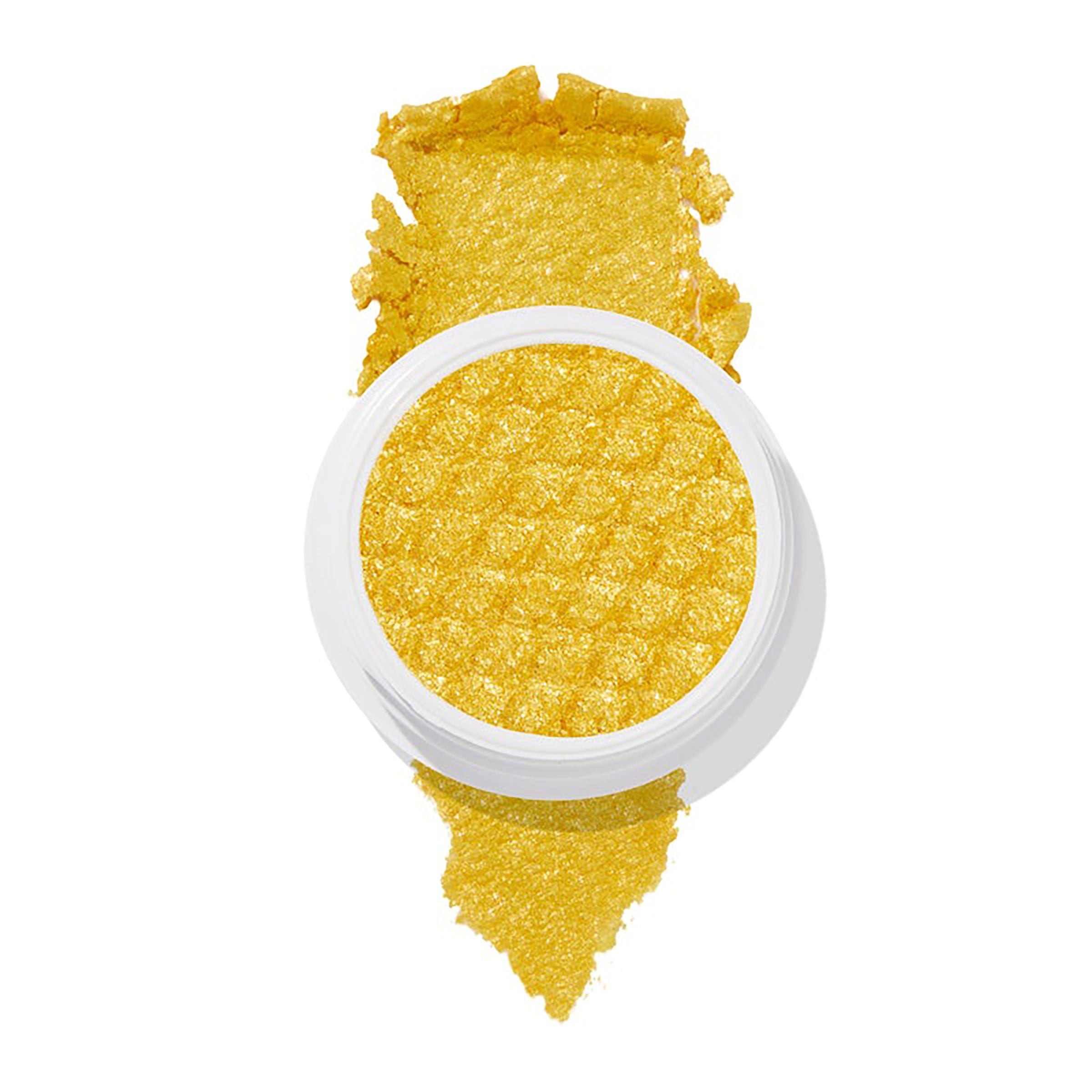 ColourPop Super Shock Shadow Tankini showing a bright metallic yellow-gold shadow with a quilted texture in a white pot, swatched in a thick smear above and below on a clean white background.