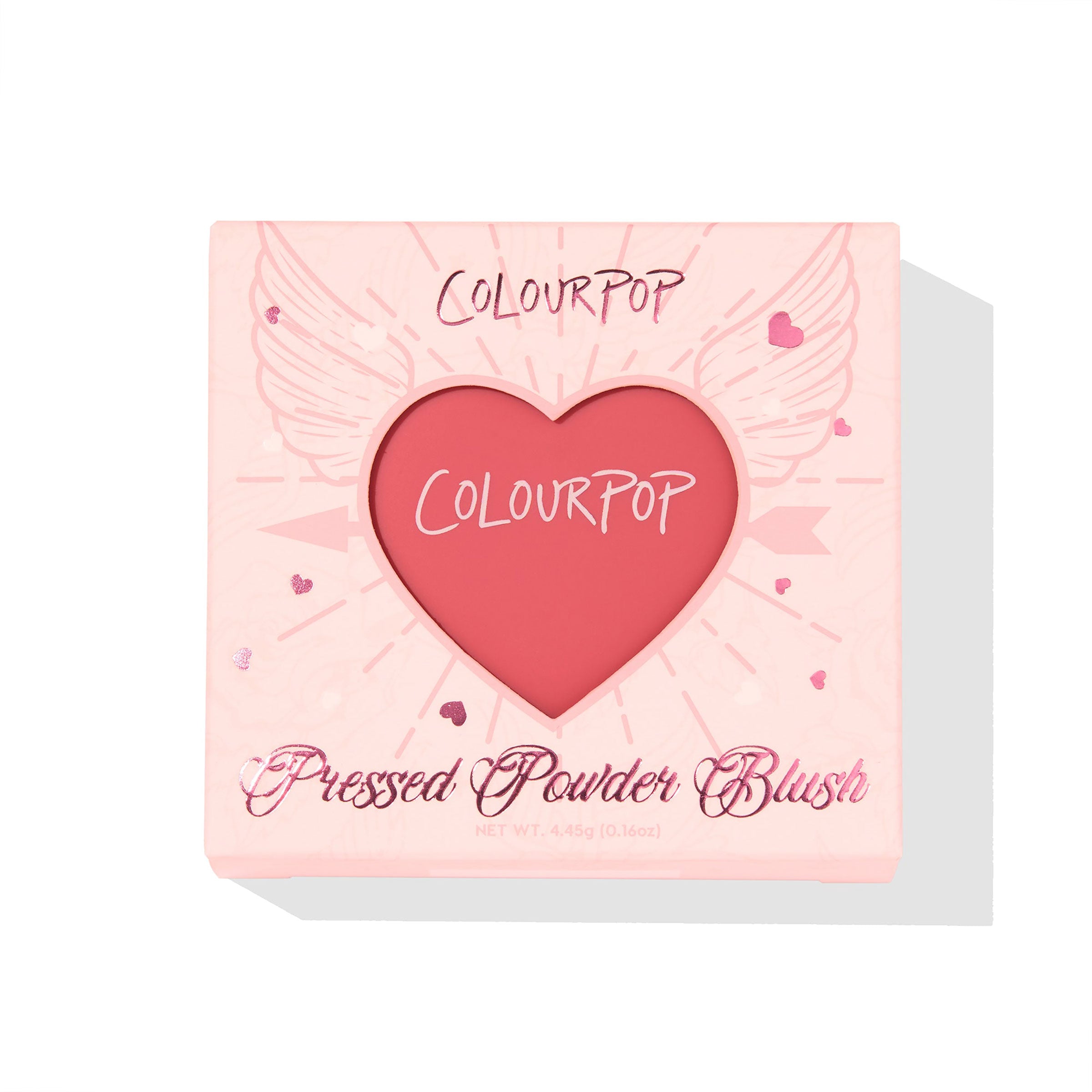 ColourPop Pressed Powder Blush, 4ever Yours, shown in a heart-shaped pan through a pale pink box with winged-heart graphics; warm rosy pink shade, 4.45 g/0.16 oz compact for buildable matte cheek color.