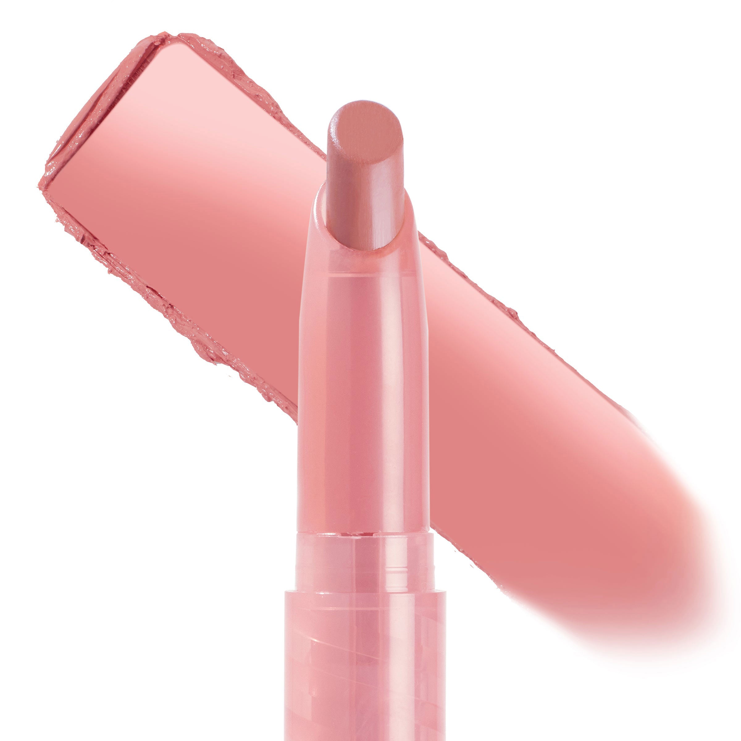 ColourPop Lippie Stix in Caramella stands upright with the rounded bullet exposed, a creamy warm pink‑nude swatch swept diagonally behind, housed in a glossy blush‑pink tube on a clean white background.