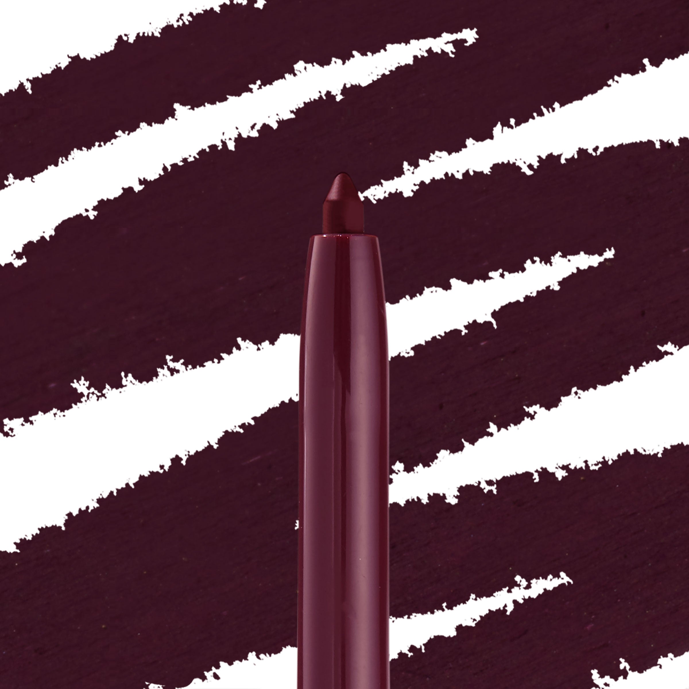 ColourPop Crème Gel Liner in Charmer shows a retractable, creamy tip in deep burgundy with a glossy plum barrel, gliding against bold wine swatches to showcase rich, long-wear eyeliner color and precise application.