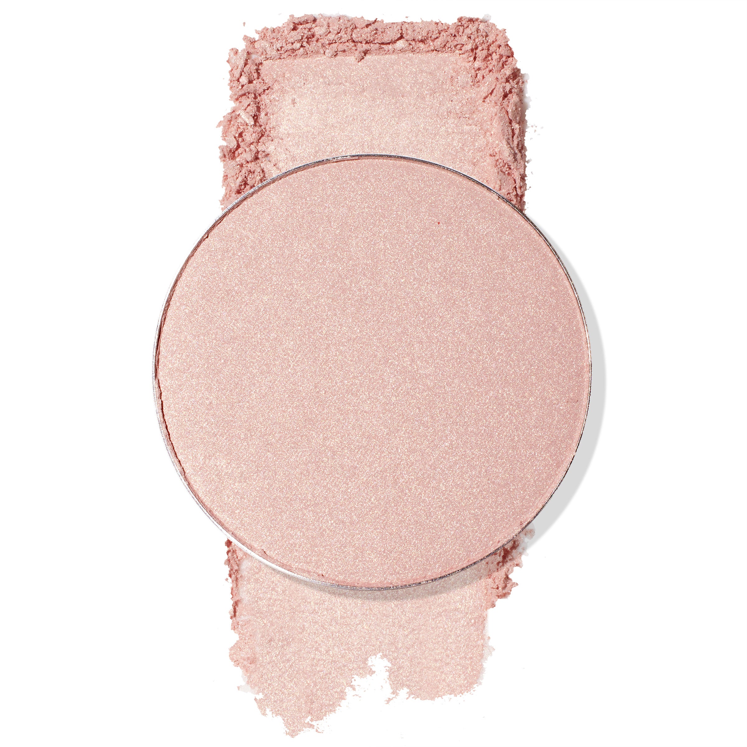 Round pan of Easy Livin' highlighter catching light as fine shimmer dusts above and below, revealing a soft champagne‑pink sheen on a white background; ColourPop Pressed Powder Highlighter Single for a luminous glow.