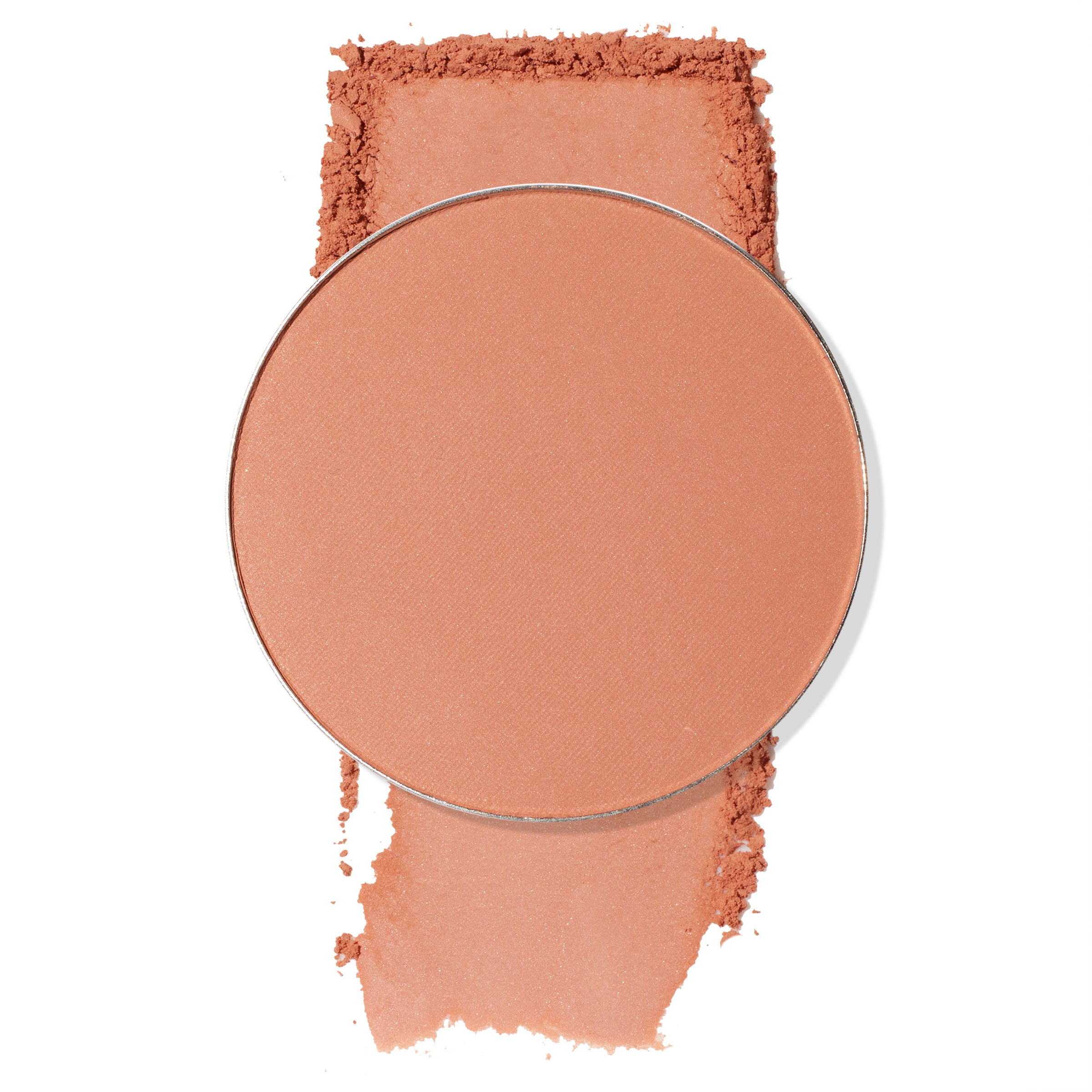 Round No Rules pan showcasing ColourPop Pressed Powder Blush Single, a soft matte warm peach, with crushed powder and a swatch above and below the pan on a white background.