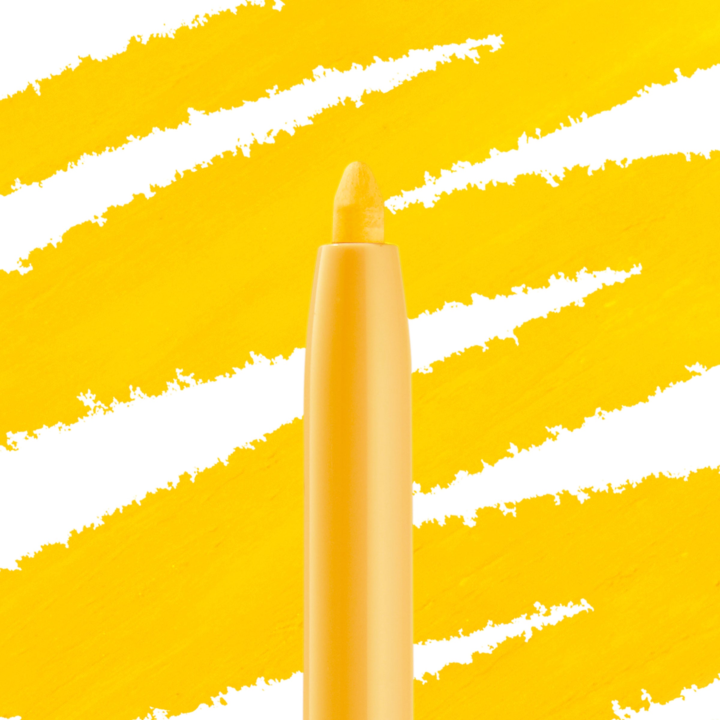 Punch Crème Gel Liner, a twist-up ColourPop Crème Gel Liner, vivid sunshine-yellow tip extended from a matching yellow barrel, poised to glide color, with bold diagonal yellow swatches in the background.